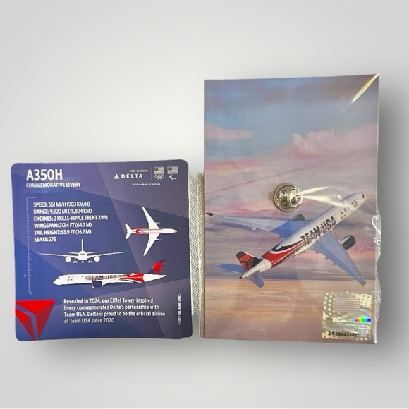 Team USA Delta Air Lines Collectible Pin & Delta Pilot Card A350 No.63 New - Picture 2 of 16